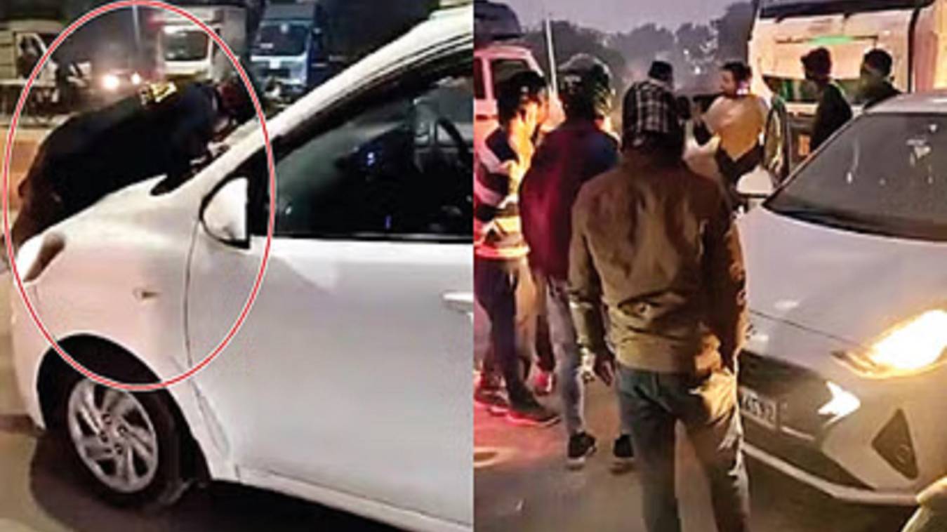 दौड़ती कार के बोनट पर पांच किलोमीटर तक लटका रहा पति, अंदर बैठी रही पत्नी, सामने आया हाईवे का हैरतअंगेज वीडियो